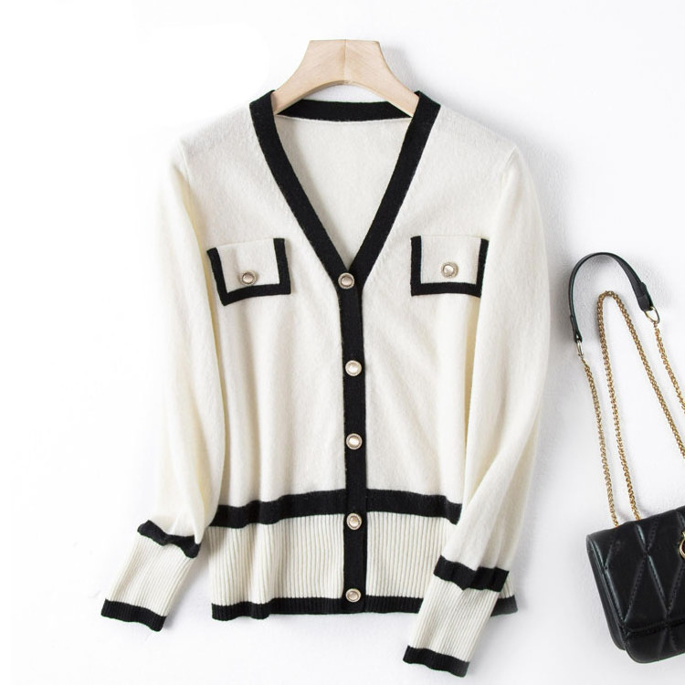 100 cashmere black and white stitching cardigan