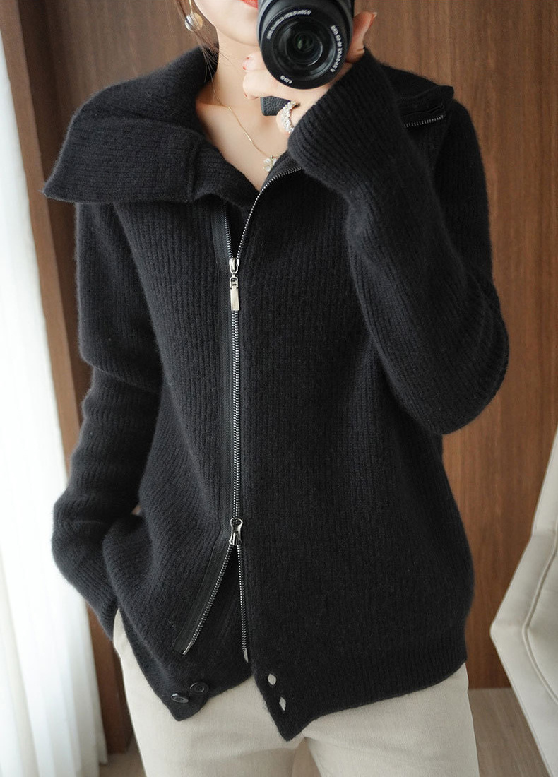 Drop Shipping Women Sailor Collar Merino Wool Rib Knit Cardigan Sweater