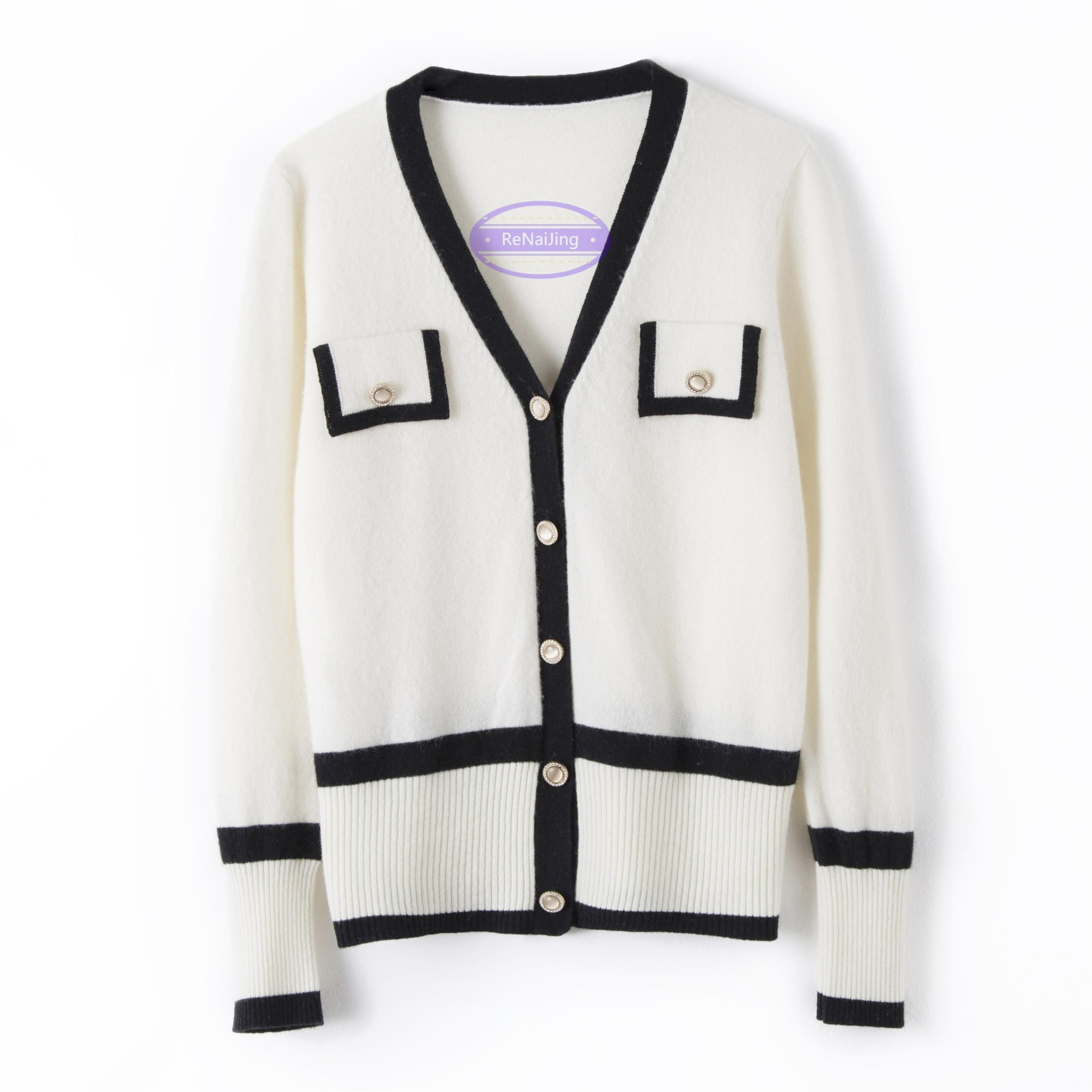 100 cashmere black and white stitching cardigan