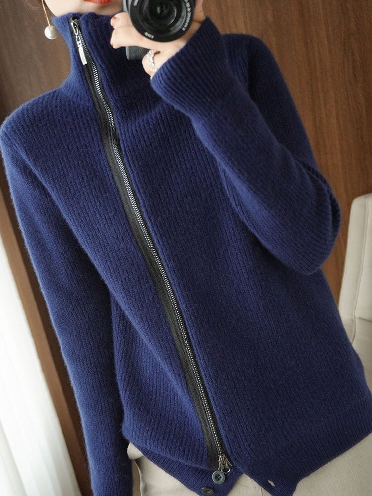 Drop Shipping Women Sailor Collar Merino Wool Rib Knit Cardigan Sweater