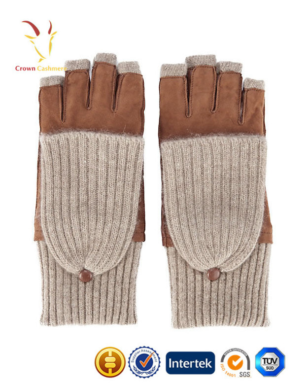 Warm Half Finger Leather Mittens Ladies Cashmere Gloves