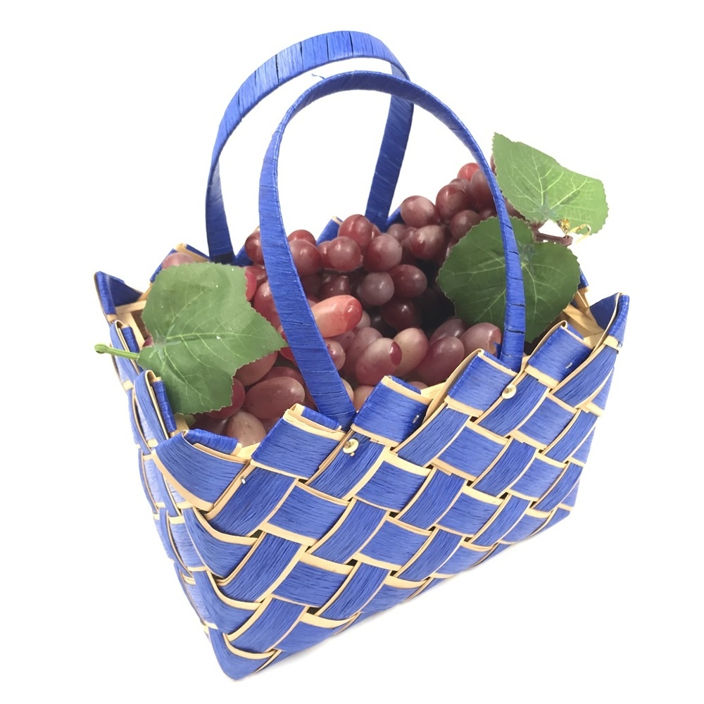 Woodchip Basket with Handles Wooden Woven Baskets for Gifts Small Square Basket for Storage