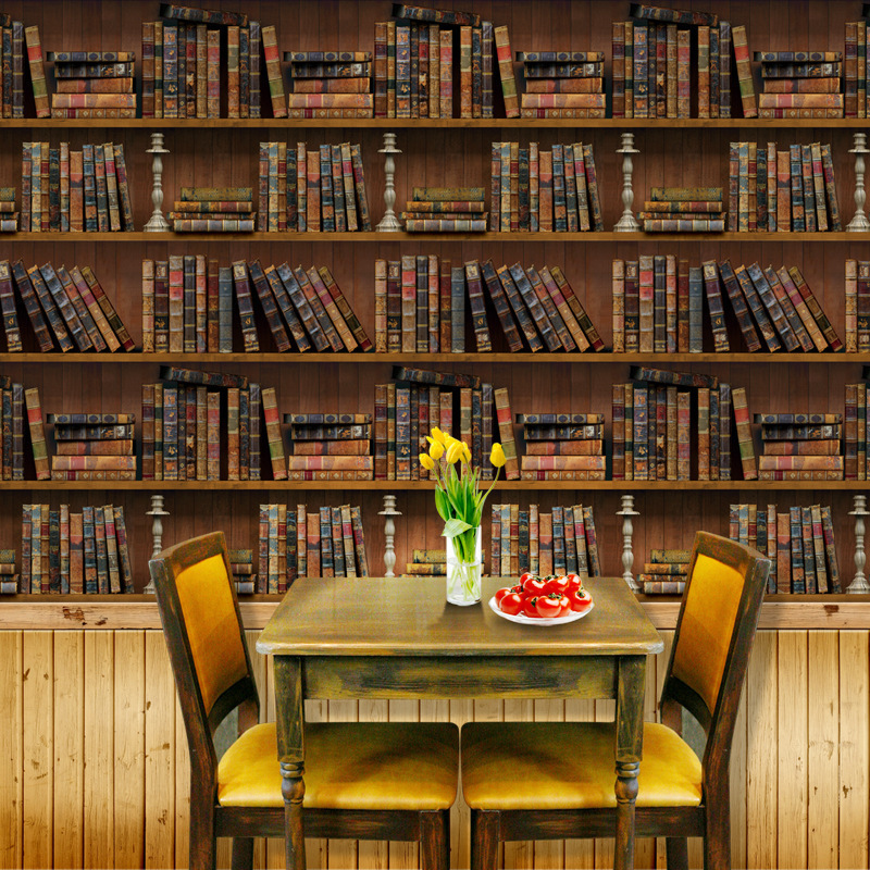 Interior Wall Decorative Retro Bookshelf Effect Wall Sticker PVC Restaurant 3D Wallpaper Wholesale