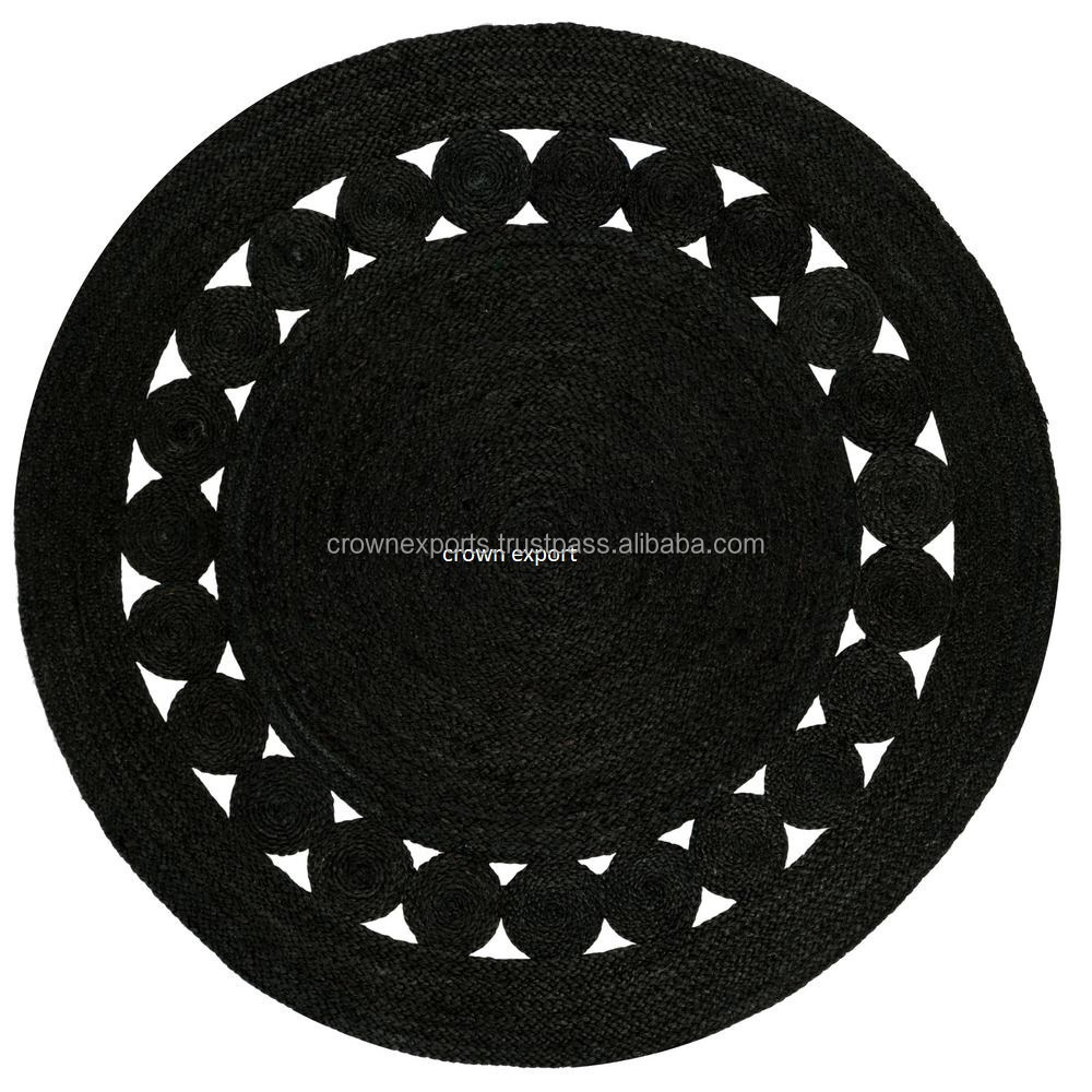 Natural round shape jute rugs and carpets in black printed designer custom design mat clean broadloom carpet designs