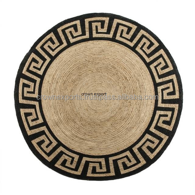 Natural round shape jute rugs and carpets in black printed designer custom design mat clean broadloom carpet designs