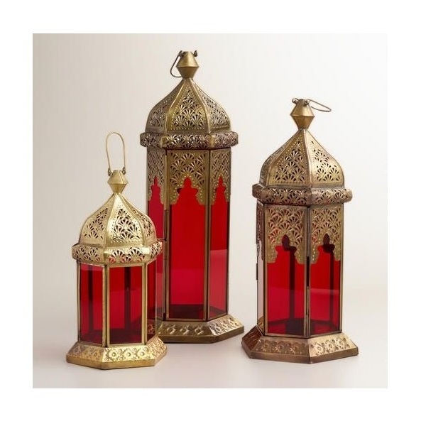 Luxury Home Decor Accessories Wedding Gold Iron Lanterns Set of 3 Decorative Lanterns With Red Glass Modern Hanging Lanterns