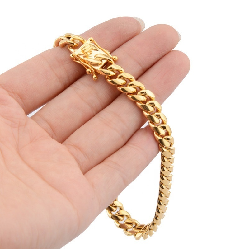 8mm/10mm/12mm/14mm/16mm/18mm European Best Selling Men's 18K Gold Plated Miami Cuban Link Chain HipHop Bracelet Wholesale