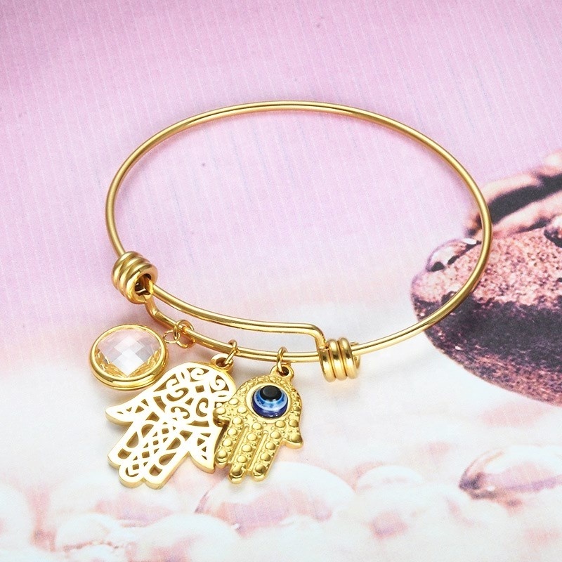 Bulk wholesale stainless steel adjustable bangle jewelry custom made gold crystal charms hamsa hand bracelet