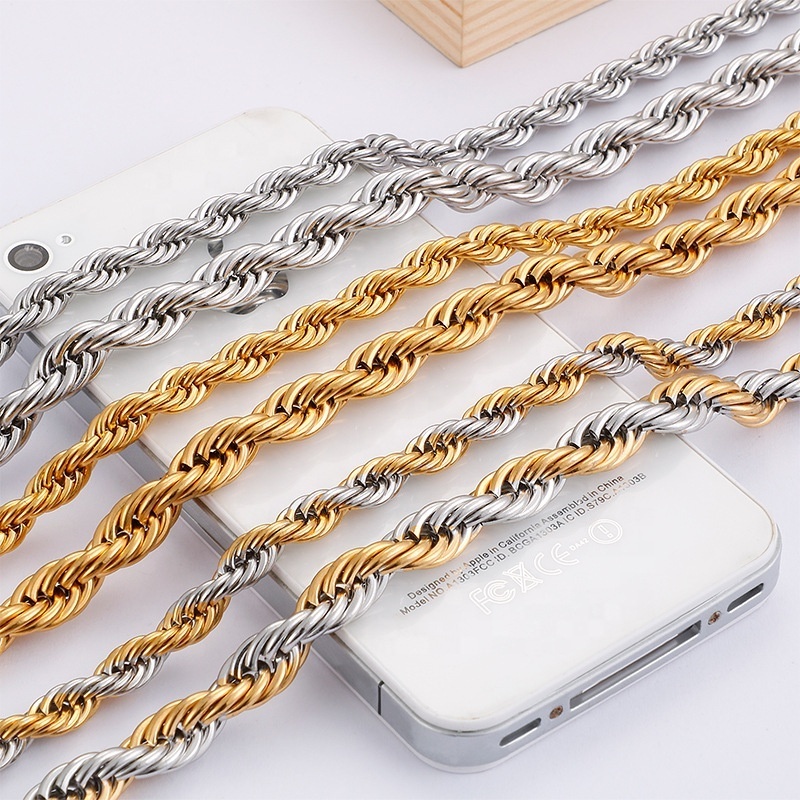 Men Women 6mm 8mm High Quality Twist Rope Chain Stainless Steel Thick Gold Two Tone Color Chain Necklace and Bracelet Set