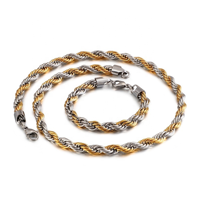 Men Women 6mm 8mm High Quality Twist Rope Chain Stainless Steel Thick Gold Two Tone Color Chain Necklace and Bracelet Set