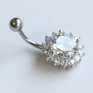 Bulk wholesale stainless steel CZ cubic zircon stone sunflower jewelry navel belly ring for women