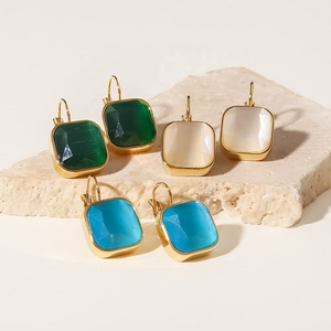 New Arrivals Geometric Jewelry Gold Plated Big Stone Emerald Green Blue White Cat Eye Stone Drop Earrings For Women