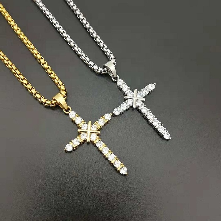 Wholesale price fashion stainless steel cubic zirconia cross diamond necklace men 18K gold crystal jewellery