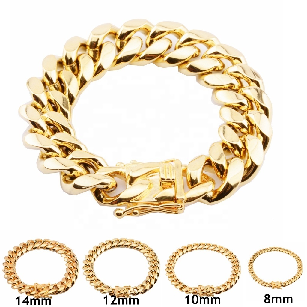 8mm/10mm/12mm/14mm/16mm/18mm European Best Selling Men's 18K Gold Plated Miami Cuban Link Chain HipHop Bracelet Wholesale