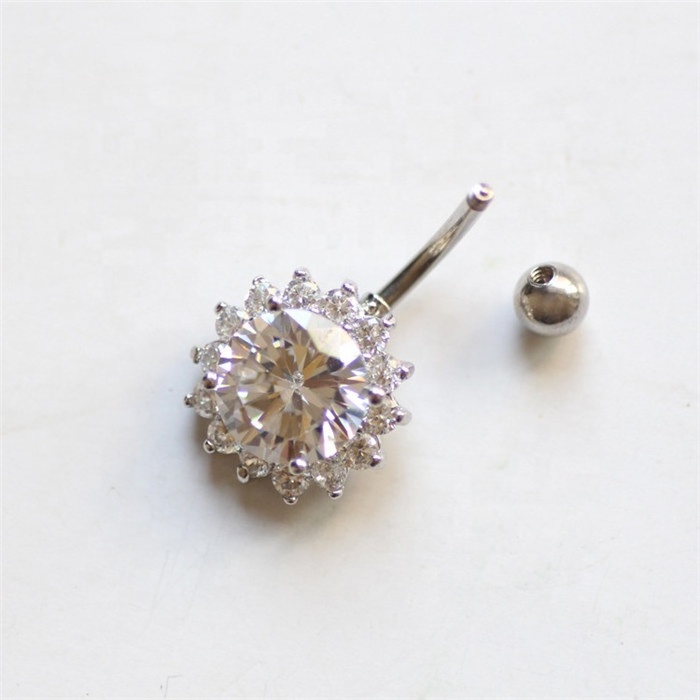 Bulk wholesale stainless steel CZ cubic zircon stone sunflower jewelry navel belly ring for women