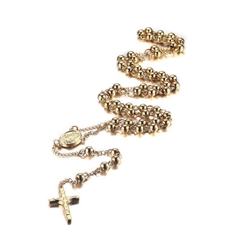 Men Women Stainless Steel Long Chain Religious Catholic Jesus Cross Beaded Gold Plated Rosary Necklace