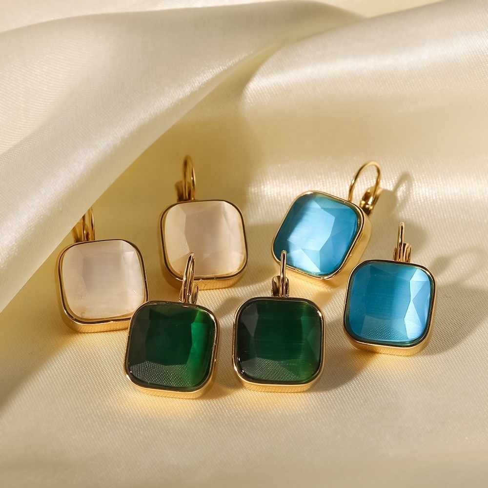 New Arrivals Geometric Jewelry Gold Plated Big Stone Emerald Green Blue White Cat Eye Stone Drop Earrings For Women