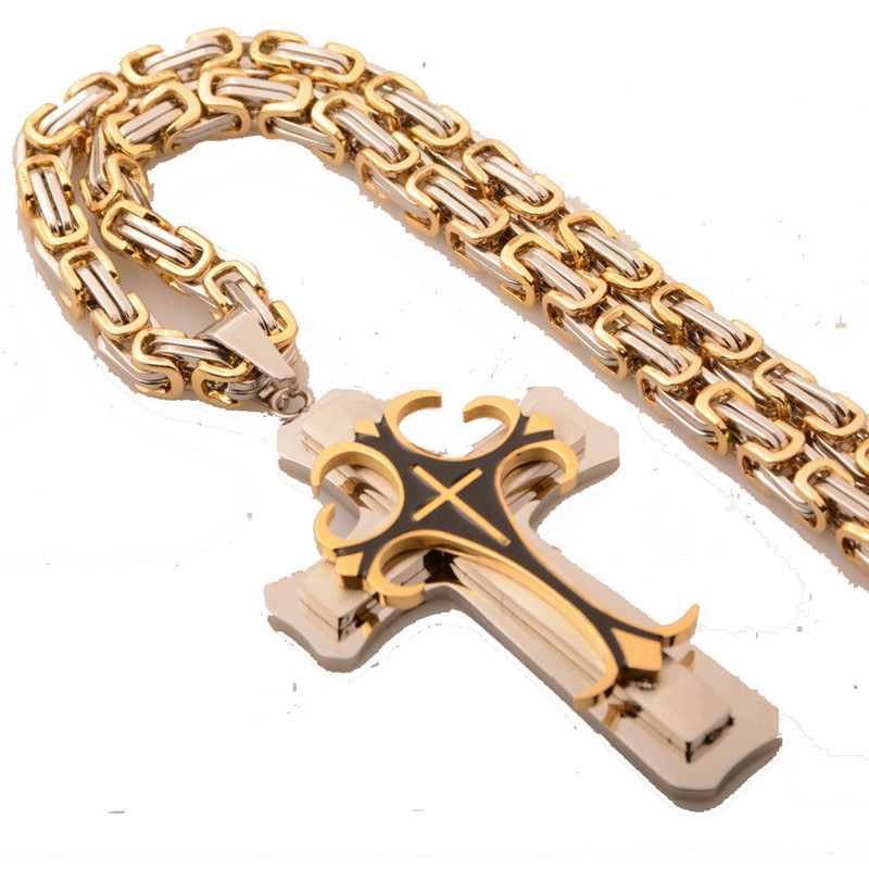 Mens Stainless steel 18k Gold Byzantine Chain Cross Pendant Necklace