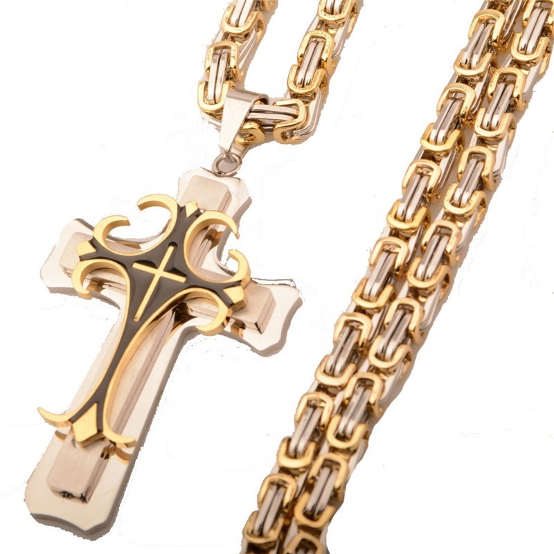 Mens Stainless steel 18k Gold Byzantine Chain Cross Pendant Necklace