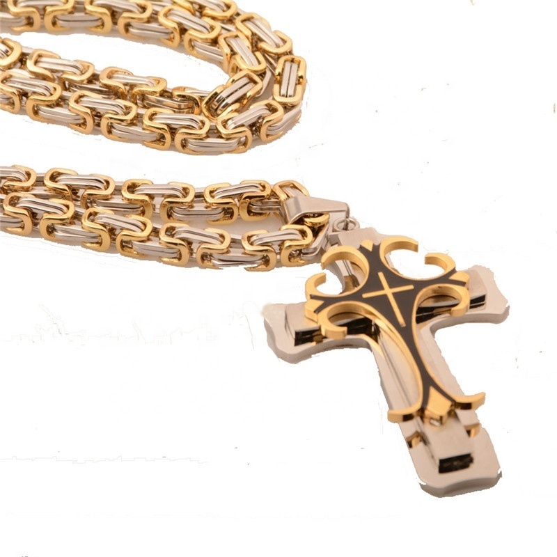 Mens Stainless steel 18k Gold Byzantine Chain Cross Pendant Necklace