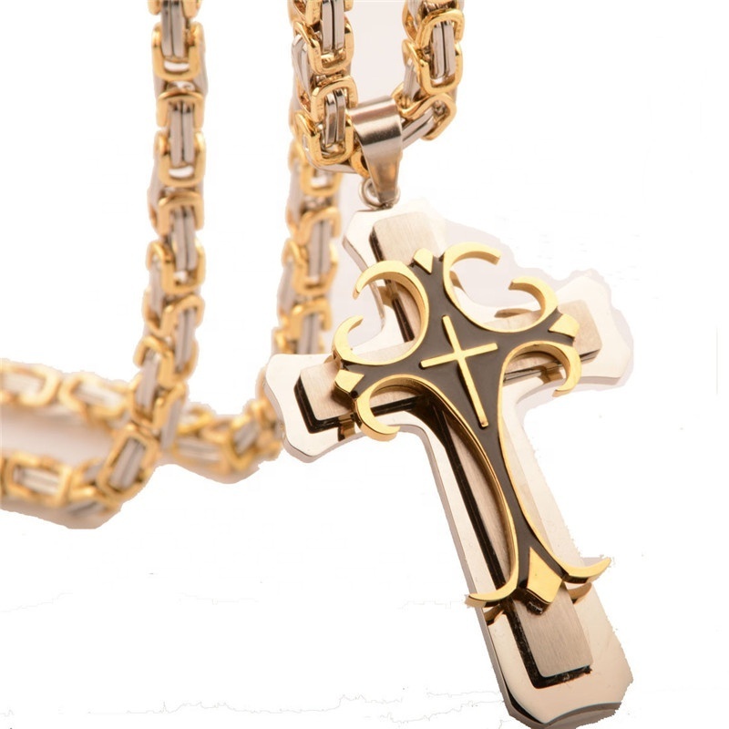 Mens Stainless steel 18k Gold Byzantine Chain Cross Pendant Necklace