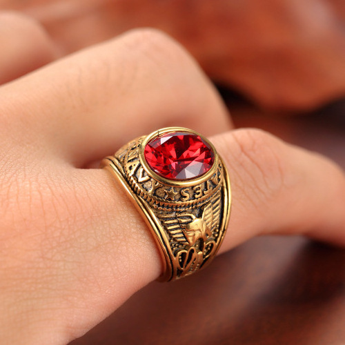 Gold Plated Jewelry Mens Wholesale 316L Stainless Steel US Ring With Stone