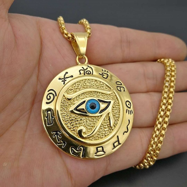 Wholesale Supplier Custom Gold Plated Egyptian Eye of Horus Pendant Necklace Stainless Steel Jewelry Men