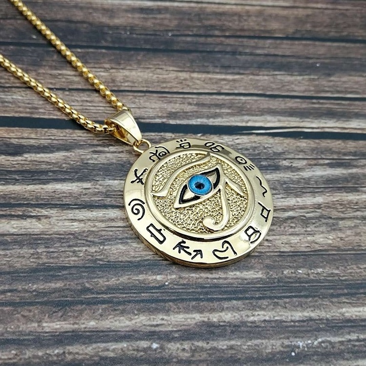 Wholesale Supplier Custom Gold Plated Egyptian Eye of Horus Pendant Necklace Stainless Steel Jewelry Men