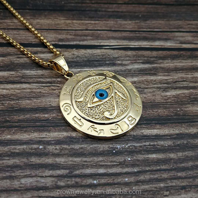 Wholesale Supplier Custom Gold Plated Egyptian Eye of Horus Pendant Necklace Stainless Steel Jewelry Men