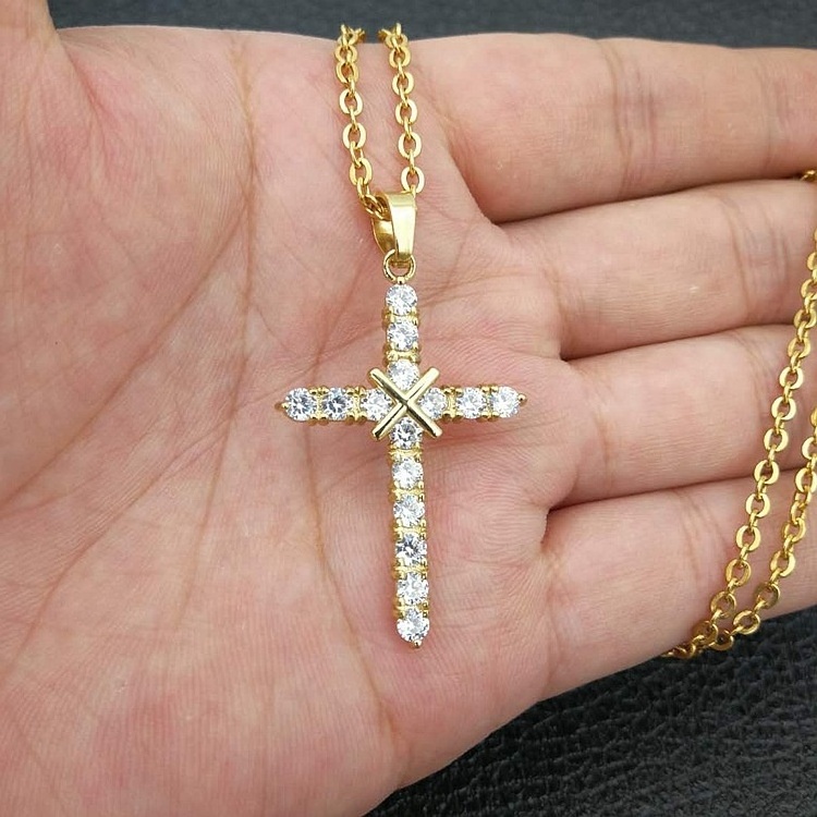 Wholesale price fashion stainless steel cubic zirconia cross diamond necklace men 18K gold crystal jewellery