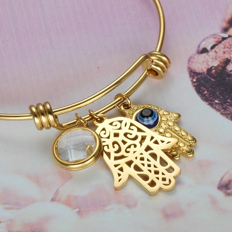 Bulk wholesale stainless steel adjustable bangle jewelry custom made gold crystal charms hamsa hand bracelet