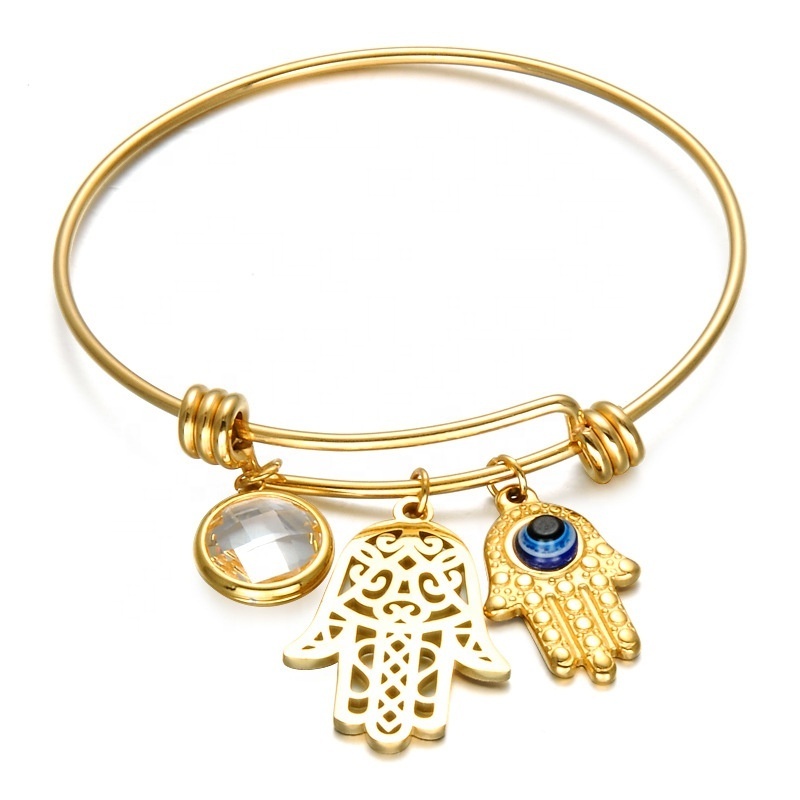 Bulk wholesale stainless steel adjustable bangle jewelry custom made gold crystal charms hamsa hand bracelet