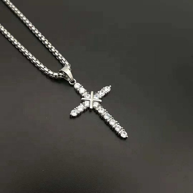 Wholesale price fashion stainless steel cubic zirconia cross diamond necklace men 18K gold crystal jewellery