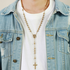 Men Women Stainless Steel Long Chain Religious Catholic Jesus Cross Beaded Gold Plated Rosary Necklace