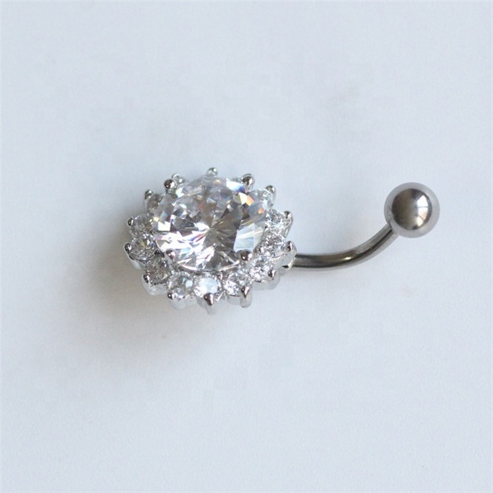 Bulk wholesale stainless steel CZ cubic zircon stone sunflower jewelry navel belly ring for women