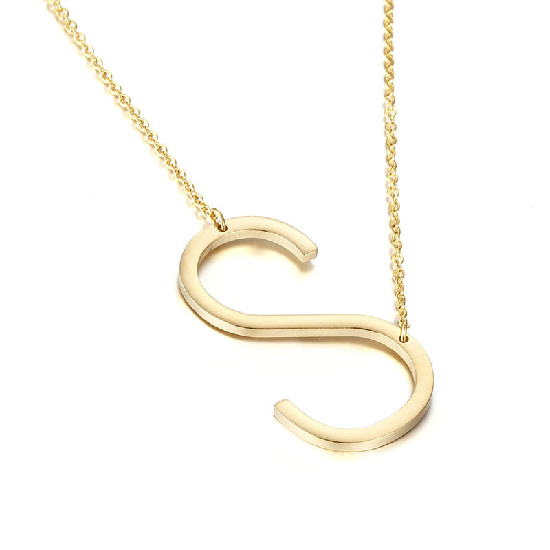 Stainless Steel 18K Gold Plated Big Initial Necklace Oversize Letter S Alphabet Pendant Design Sideway Charm Choker Necklace