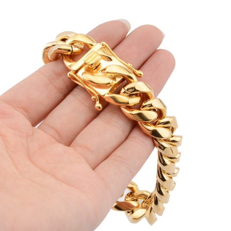 8mm/10mm/12mm/14mm/16mm/18mm European Best Selling Men's 18K Gold Plated Miami Cuban Link Chain HipHop Bracelet Wholesale