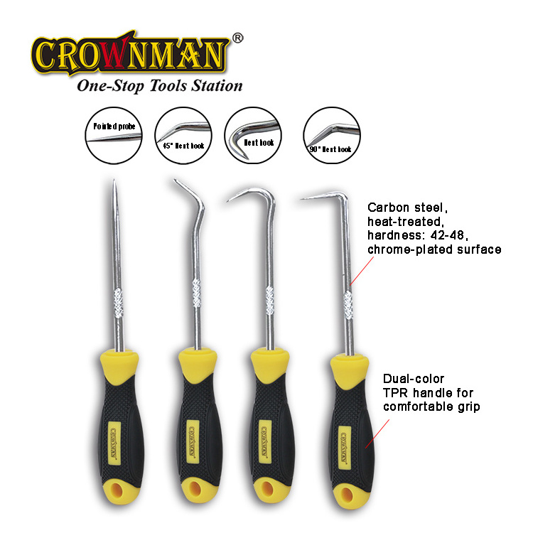 CROWNMAN Hand Tools 4PCS Precision Pick and Mini Hook Set Car Oil O Ring Seal Remover Gasket Puller Removal 45degree 90degree