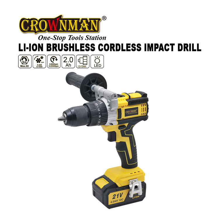 CROWNMAN Power Brushless Motor 80N.m 13mm Chuck 21V Cordless Impact Drill