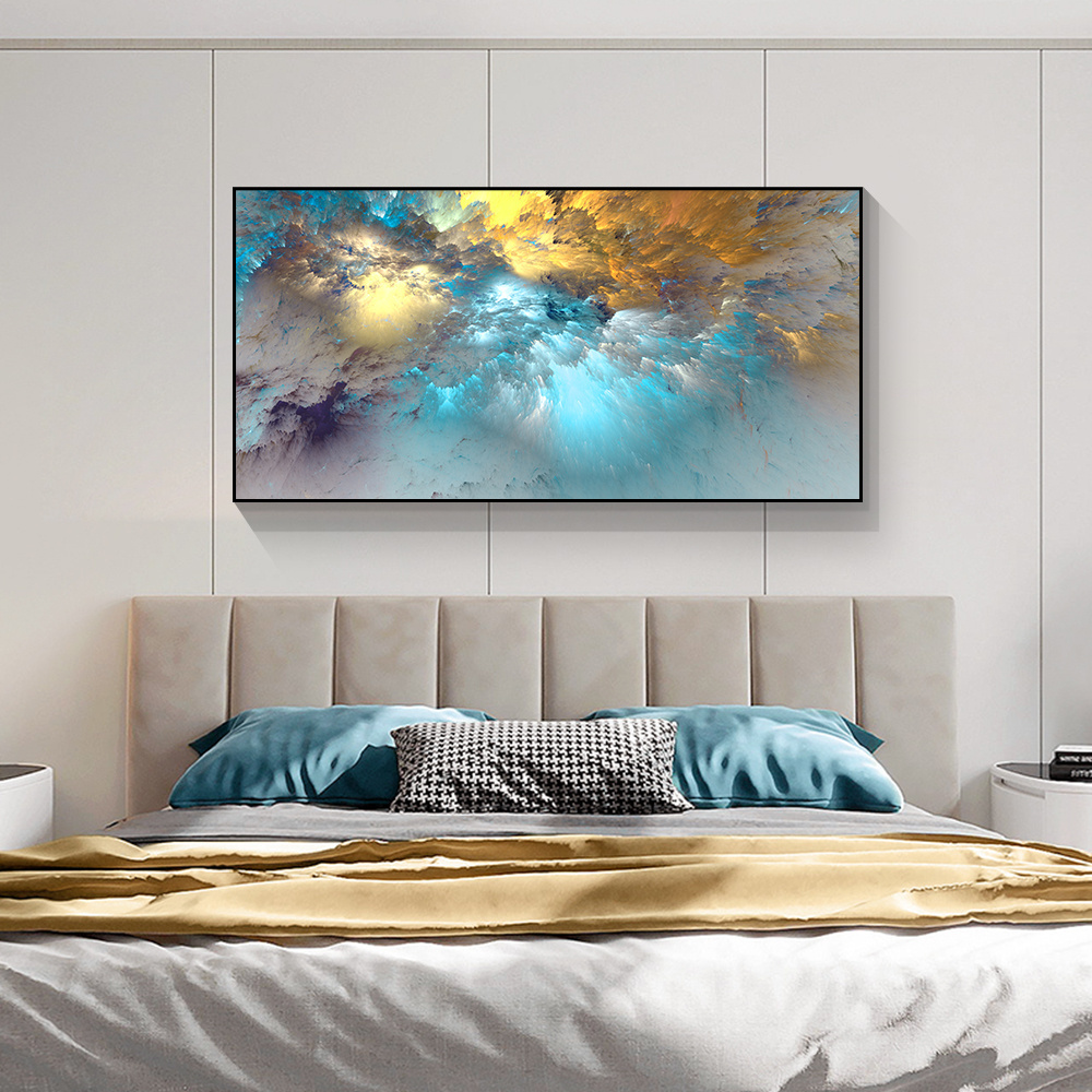 Home Room Decor  Light Blue Gold Geometric Clouds Modern Abstract Canvas Decor clouds wall canvas abstract art