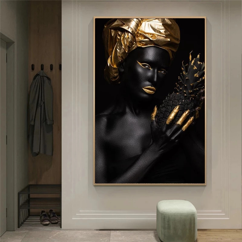 African Golden Beauty Girls Canvas Painting Black Girls Make Up Posters and Prints Wall Art Picture