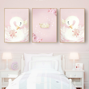 Baby Girl Nursery Wall Art Canvas Painting Pink Swan Cartoon Posters Nordic Kids Decoration Pictures Children Bedroom Decor