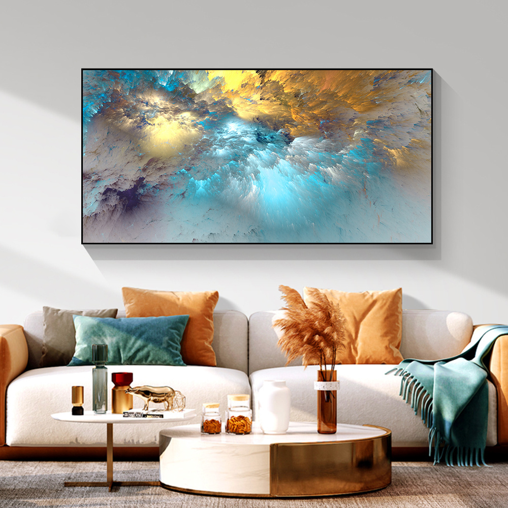 Home Room Decor  Light Blue Gold Geometric Clouds Modern Abstract Canvas Decor clouds wall canvas abstract art