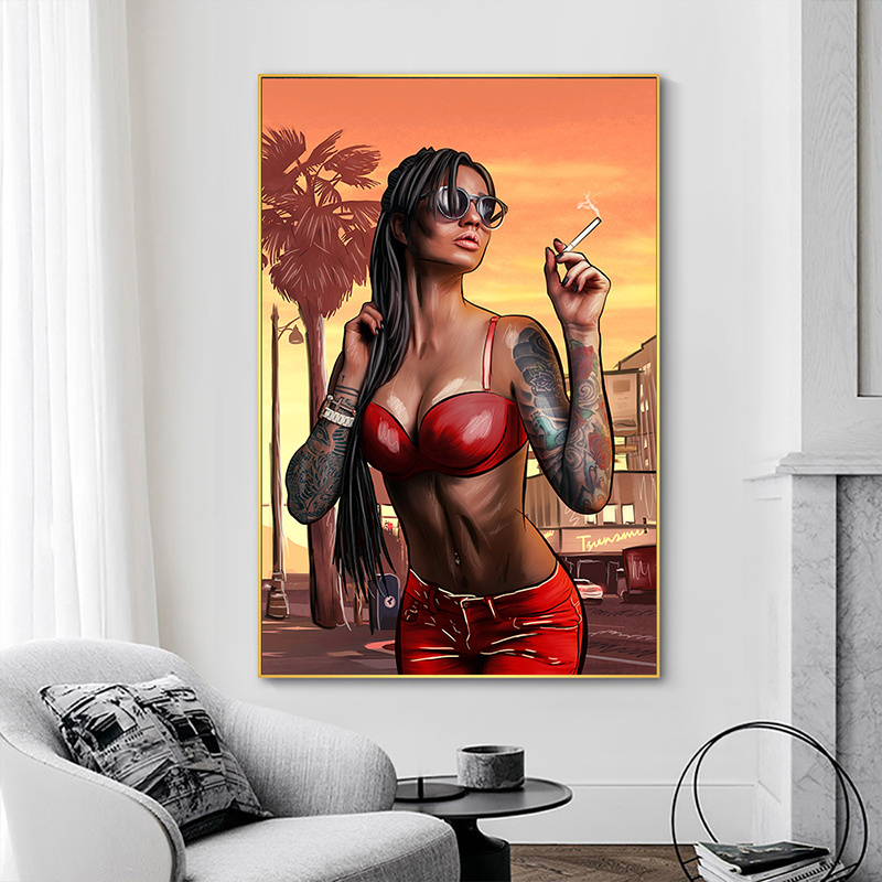 Cool Sexy Bad Girl Smoking Canvas Painting Poster and Print Modern Wall Art Pictures