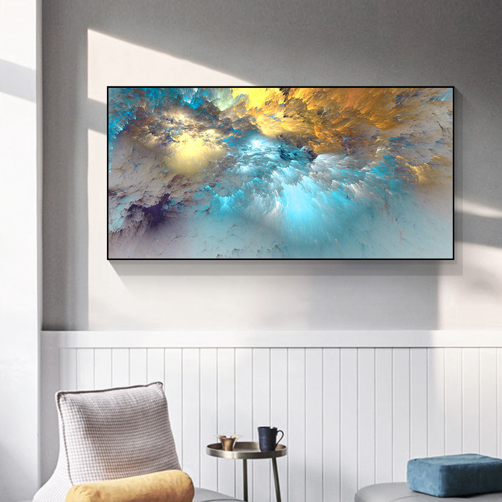 Home Room Decor  Light Blue Gold Geometric Clouds Modern Abstract Canvas Decor clouds wall canvas abstract art