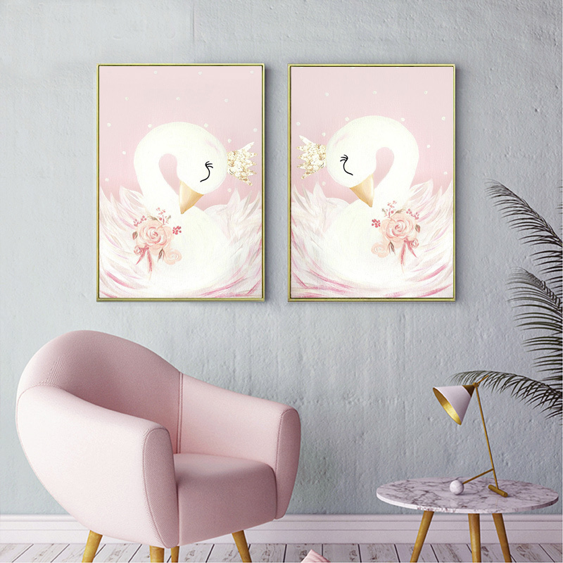 Baby Girl Nursery Wall Art Canvas Painting Pink Swan Cartoon Posters Nordic Kids Decoration Pictures Children Bedroom Decor