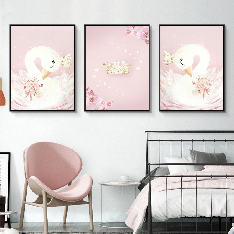 Baby Girl Nursery Wall Art Canvas Painting Pink Swan Cartoon Posters Nordic Kids Decoration Pictures Children Bedroom Decor