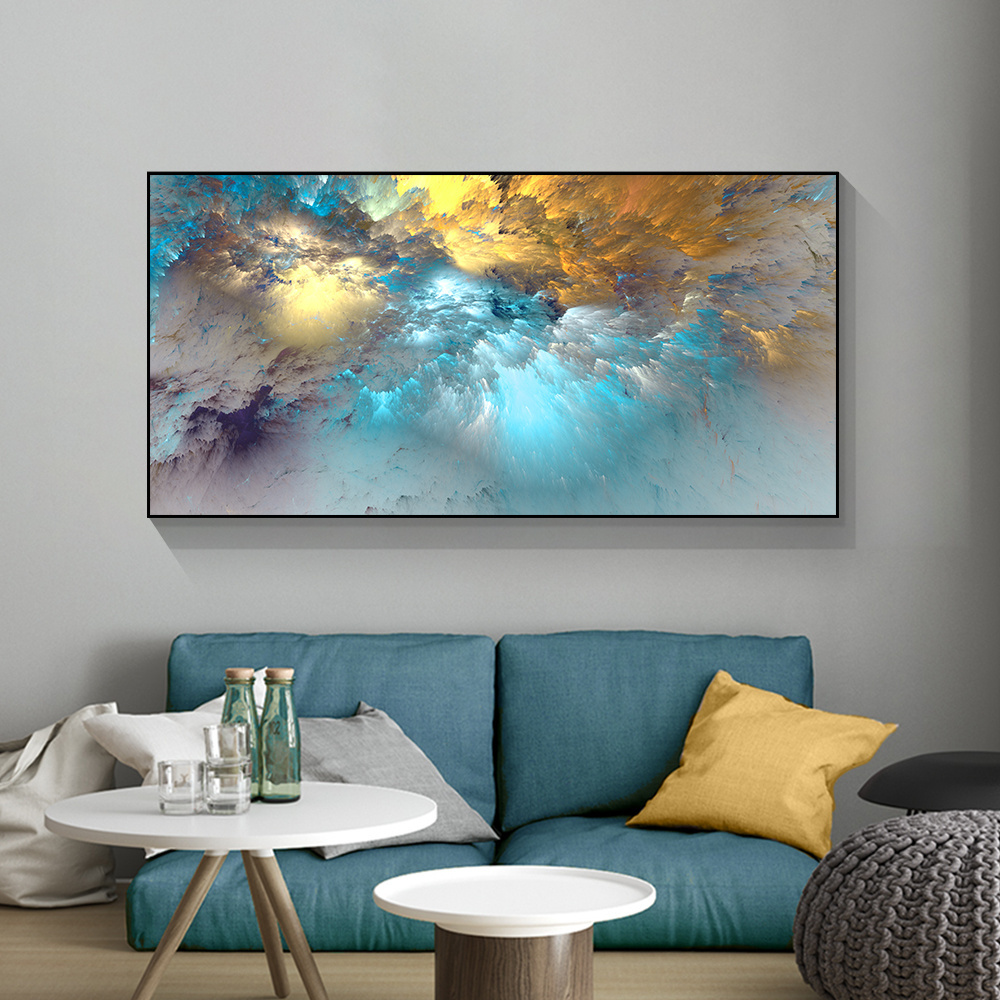 Home Room Decor  Light Blue Gold Geometric Clouds Modern Abstract Canvas Decor clouds wall canvas abstract art