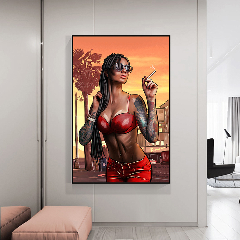 Cool Sexy Bad Girl Smoking Canvas Painting Poster and Print Modern Wall Art Pictures