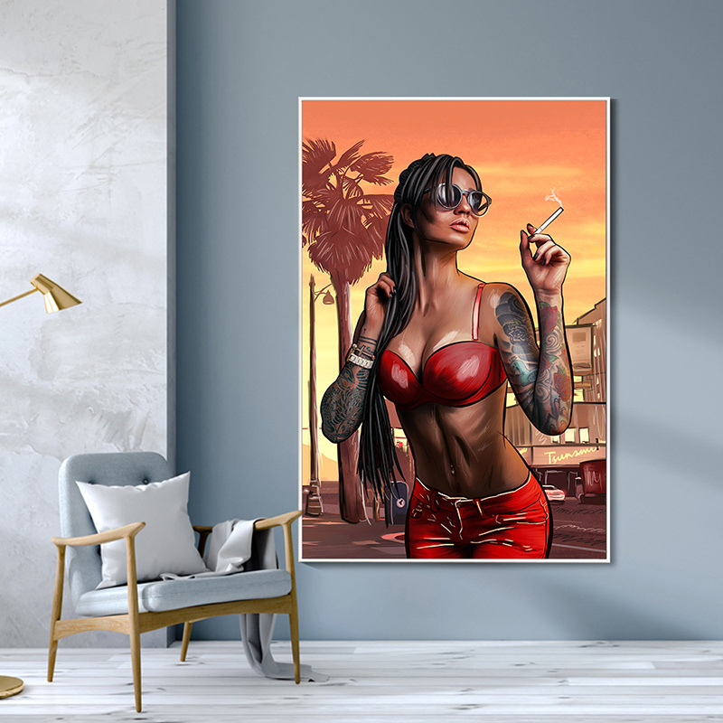 Cool Sexy Bad Girl Smoking Canvas Painting Poster and Print Modern Wall Art Pictures